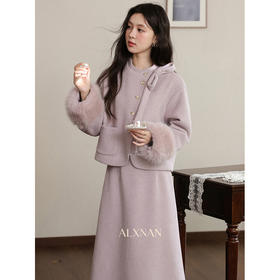 鹿向南「雪域玫瑰」不规则短款毛呢外套女冬季紫色高腰半身裙套装