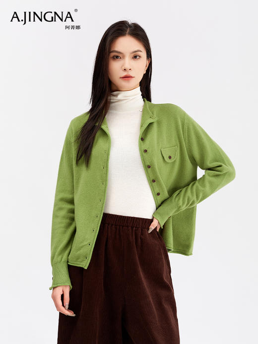 【美丽诺羊毛】阿菁娜秋冬季新款法式高领针织开衫美丽诺羊毛可翻立领复古扣子细节F30D318008 商品图4