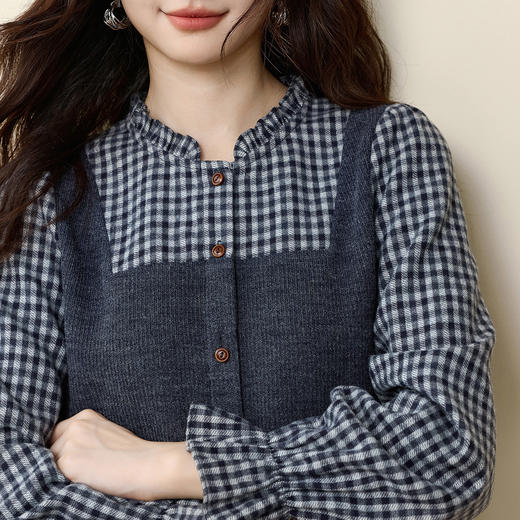 【12/10新品6折】熙世界假两件针织拼接格纹衬衫女设计感独特别致上衣2025秋冬新款 商品图3