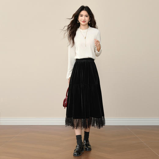 【12/10新品6折】熙世界赫本风黑金丝绒半身裙女秋冬高腰优雅气质网纱拼接a字长裙 商品图3