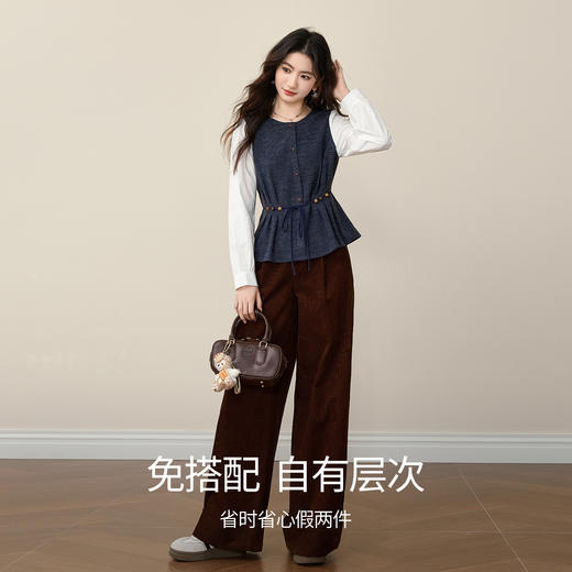 【12/10新品6折】熙世界设计感假两件圆领针织拼接收腰系带长袖衬衫女2025秋冬新款 商品图3