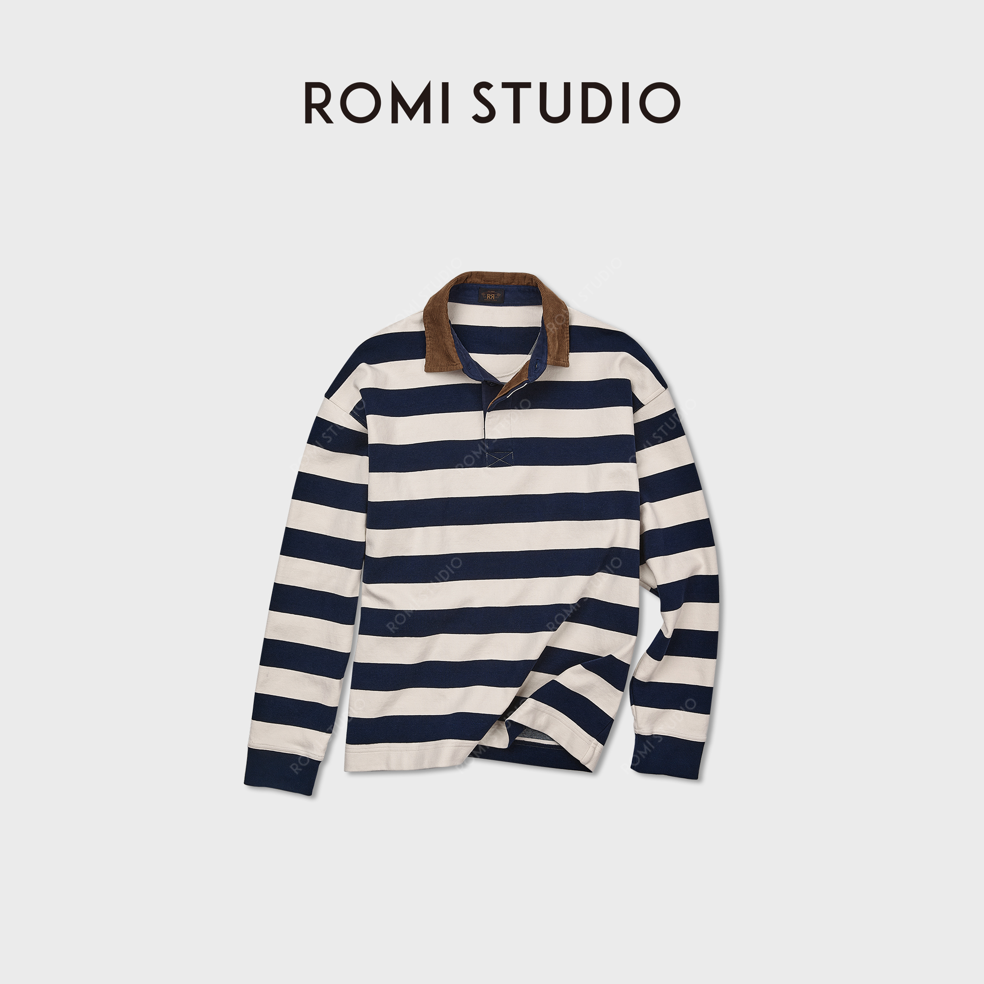ROMI STUDIO“随性复古”全棉条纹撞色Polo领灯芯绒长袖 RWCASU6577