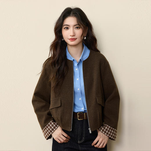 【12/10新品6折】熙世界巴恩风羊毛呢短外套女小个子撞色格纹夹克上衣2025秋冬新款 商品图3