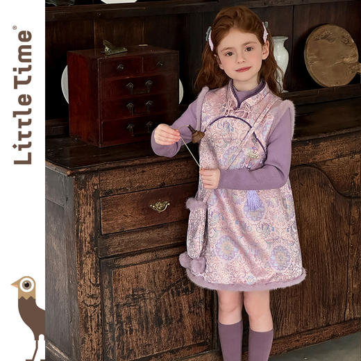 littletime女童旗袍2025新款加绒背心裙套装秋冬女国风盘扣刺绣 商品图2