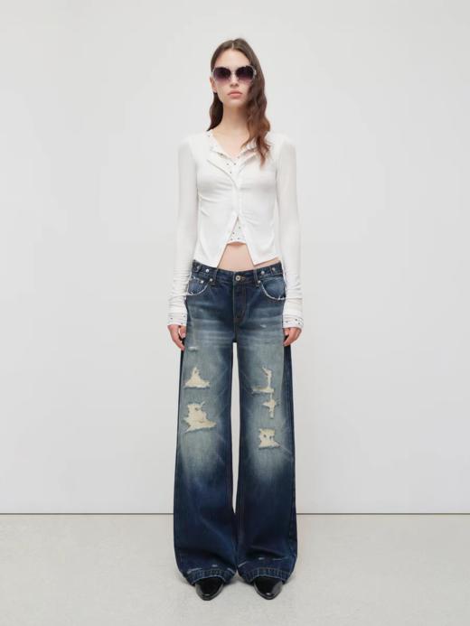 出逃赤岗西/25AWN115/复古做旧蓝赤耳红边破洞阔腿牛仔裤 商品图1