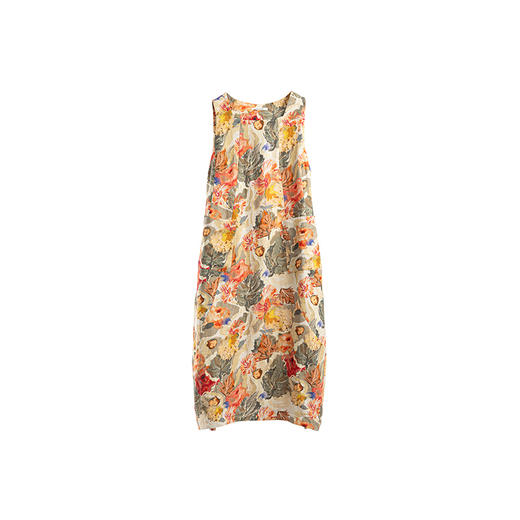 绽放834朵/雨露麻艺术印花方领花苞无袖连衣裙女新款秋冬叠搭长裙 商品图4