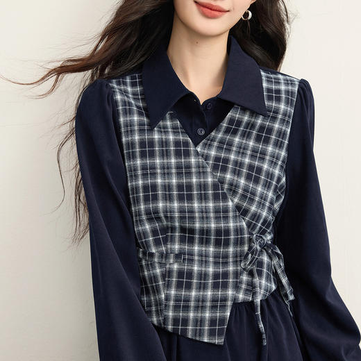 【年货节】熙世界高知得体假两件连衣裙女士秋冬学院风格纹拼接收腰衬衫裙子 商品图4