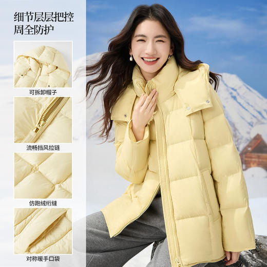 【12/10新品6折】熙世界泡芙奶黄色羽绒服女2025冬新款可脱卸带帽短款白鸭绒外套女 商品图1