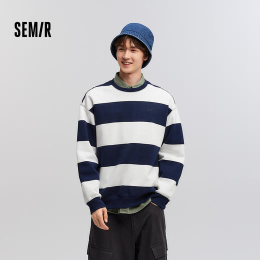 森马斯沃夫小狗联名卫衣男春季简洁字母绣花条纹情侣宽松圆领上衣 商品图0