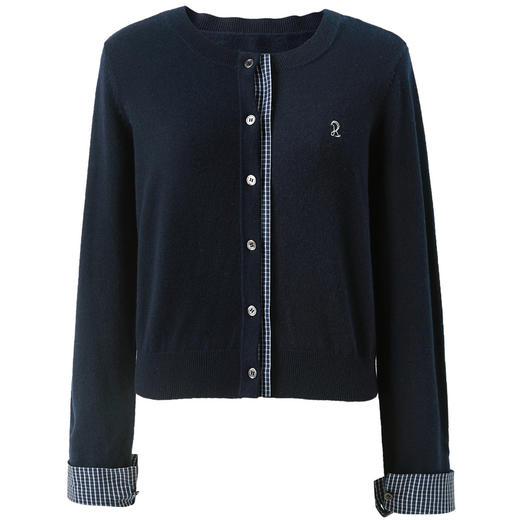 三彩2026春季新款格纹拼接针织衫圆领刺绣毛开衫短款休闲M 商品图4