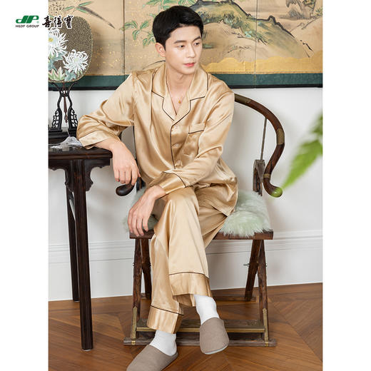 喜得宝重磅100%桑蚕丝情侣上下套睡衣居家素绉缎百搭 商品图4