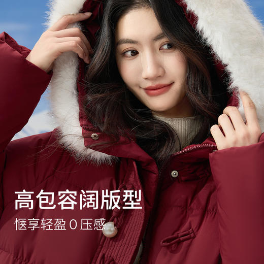 【12/10新品4折】熙世界酒红色羽绒服女中长款冬装可拆卸毛领连帽鸭绒外套圣诞战袍 商品图1