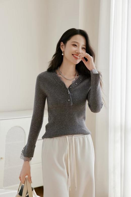 二店y 【M9102 】个人偏好，v领蕾丝拼接针织衫羊毛显瘦针织上衣 商品图2