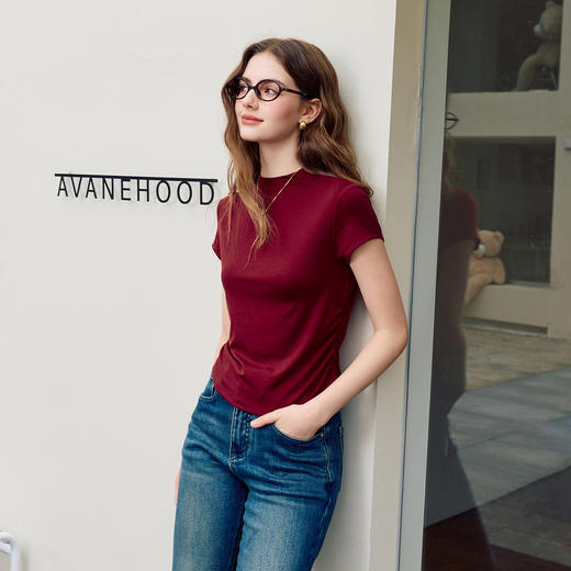 【莱赛尔】三彩2026春季新款T恤半高领正肩短袖上衣打底修身M 商品图3