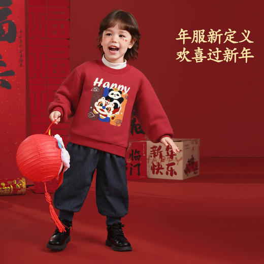 【59.9元2件】马年喜庆棉加绒卫衣红色 儿童圣诞新年印花保暖上衣 商品图3