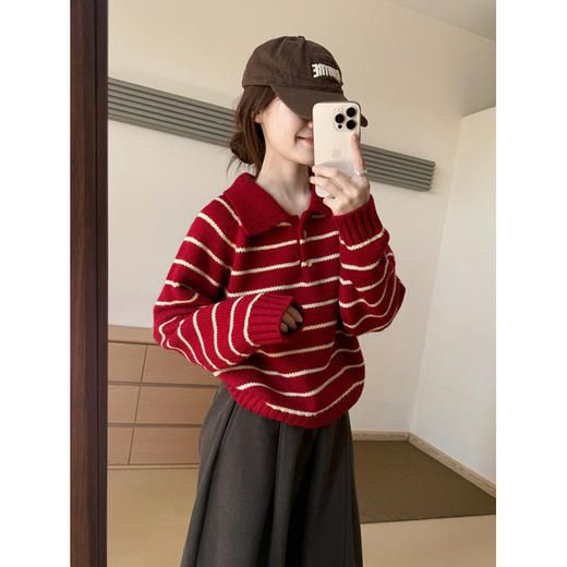 YS韩系撞色条纹polo领女毛衣2025秋冬宽松显瘦时尚针织衫外套上衣 商品图2