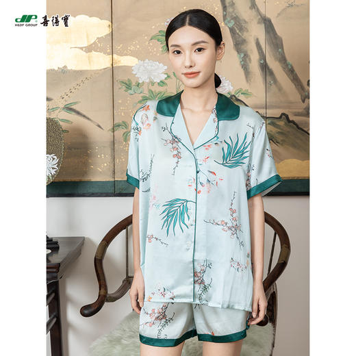 喜得宝100%桑蚕丝女式短袖短裤眼罩三件套真丝印花睡衣简约 商品图3