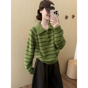 YS韩系撞色条纹polo领女毛衣2025秋冬宽松显瘦时尚针织衫外套上衣