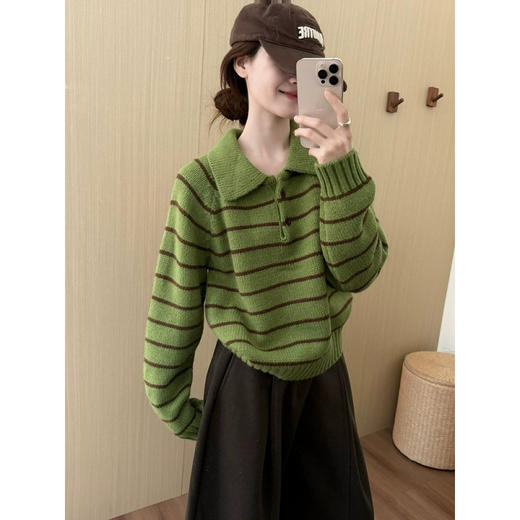 YS韩系撞色条纹polo领女毛衣2025秋冬宽松显瘦时尚针织衫外套上衣 商品图0