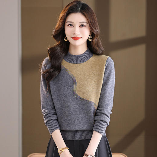 FCY 针织套头毛衫半高领毛衣大码洋气提花厚毛衣 商品图0