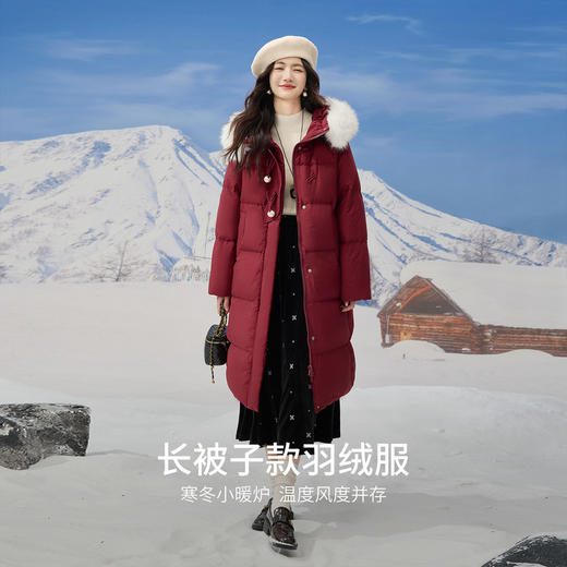 【12/10新品4折】熙世界酒红色羽绒服女中长款冬装可拆卸毛领连帽鸭绒外套圣诞战袍 商品图2