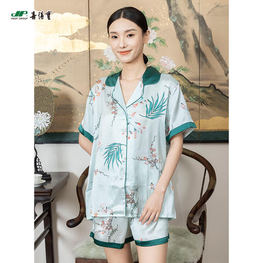 喜得宝100%桑蚕丝女式短袖短裤眼罩三件套真丝印花睡衣简约 商品图4