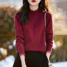 「自」全新升级【铂金会员146/天猫199/差价53】(13620)洛诗琳气质精纺羊毛上衣2025秋冬显瘦蕾丝花边领针织上衣