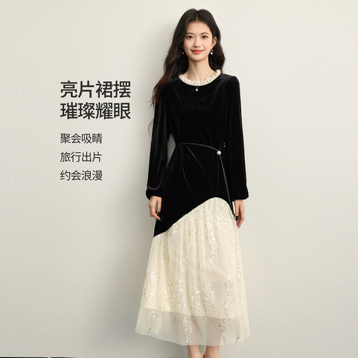 【12/10新品6折】熙世界富家千金赫本风亮片网纱拼接假两件丝绒连衣裙女25秋冬新款 商品图2