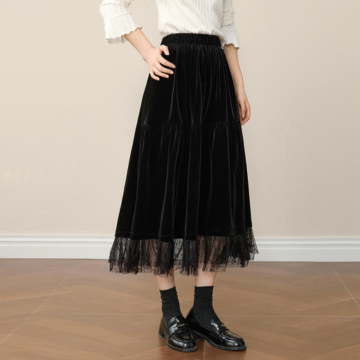 【12/10新品6折】熙世界赫本风黑金丝绒半身裙女秋冬高腰优雅气质网纱拼接a字长裙 商品图4