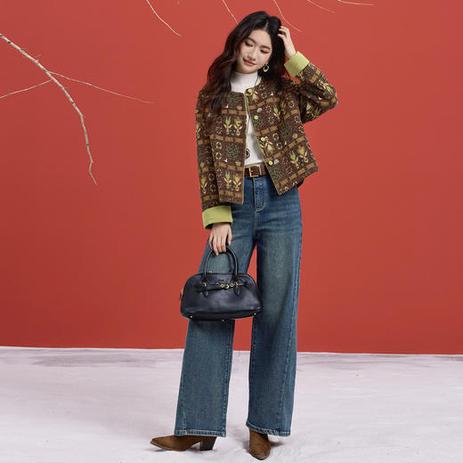 【12/10新品6折】熙世界「敦煌乐舞」复古艺术风提花短外套女秋冬厚款圆领开衫上衣 商品图2