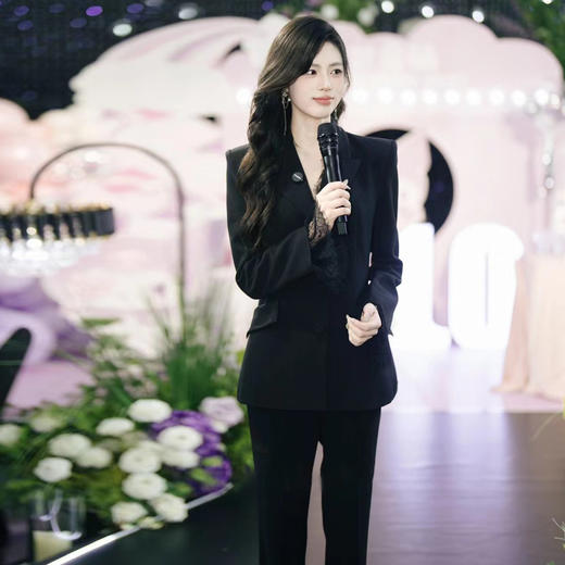 法小曼*子珍专款/高端蕾丝花边黑西装女时尚职业装春秋西服微喇裤套装正装两件套 商品图1