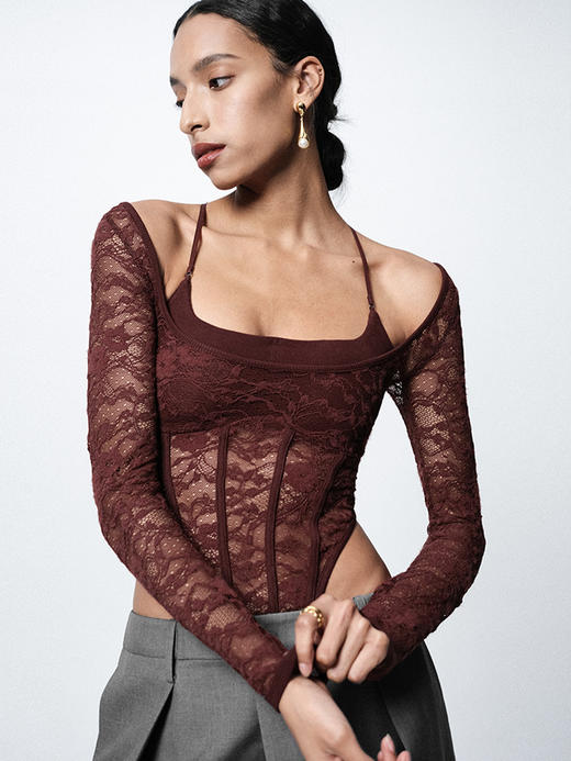 TR她热 性感判官 红棕黑色蕾丝带胸垫显瘦性感修身连体衣打底 商品图2