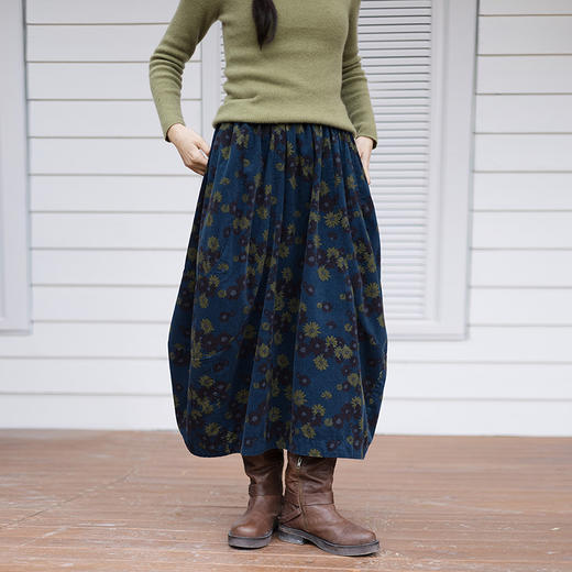 绽放840朵/细条灯芯绒雏菊花苞感半身裙女中长款加厚新款秋冬裙子 商品图0