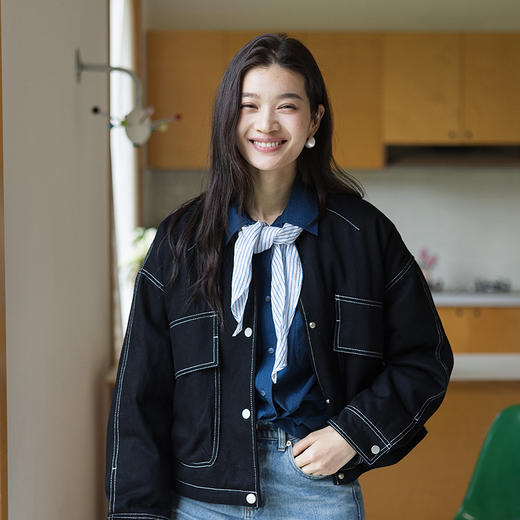 绽放543朵/冬季加厚牛仔撞色短款羽绒服女冬慵懒感羽绒夹克厚外套 商品图2