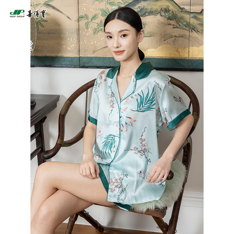 喜得宝100%桑蚕丝女式短袖短裤眼罩三件套真丝印花睡衣简约