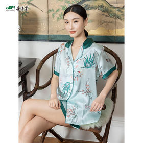 喜得宝100%桑蚕丝女式短袖短裤眼罩三件套真丝印花睡衣简约