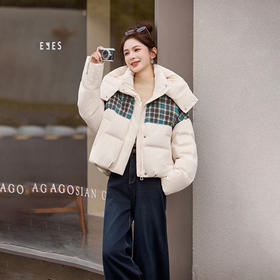 米白色格子拼接连帽，小个子羽绒服白鸭绒短面包服HR-QIXFS25-99855