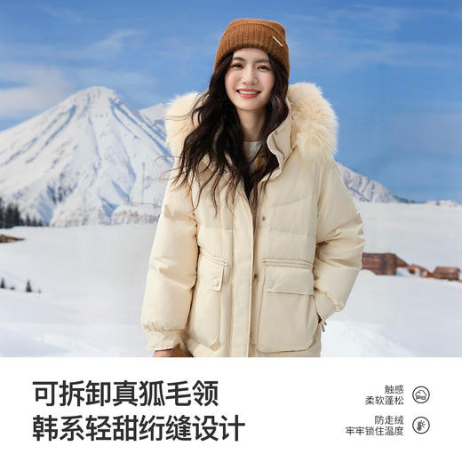【12/10新品3.8折】熙世界真狐狸毛领连帽羽绒服2025冬装新款女时尚90白鸭绒保暖外套 商品图1