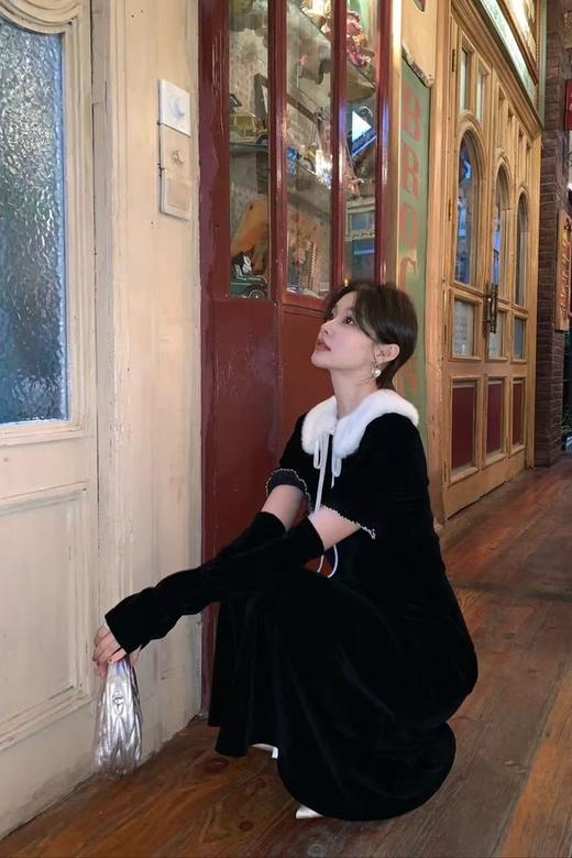 SIA SAYLOR 法式千金礼服袖套毛领丝绒连衣裙 21984 商品图6