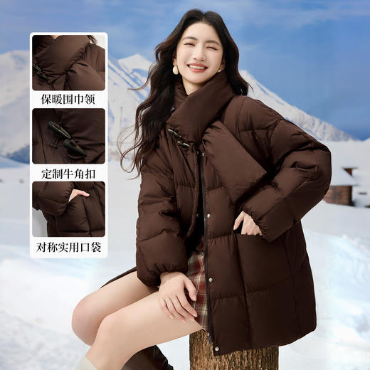【年货节】熙世界围巾领牛角扣羽绒服女短款冬装复古棕咖蓬松面包服保暖外套 商品图1