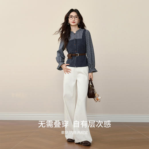 【12/10新品6折】熙世界假两件针织拼接格纹衬衫女设计感独特别致上衣2025秋冬新款 商品图1