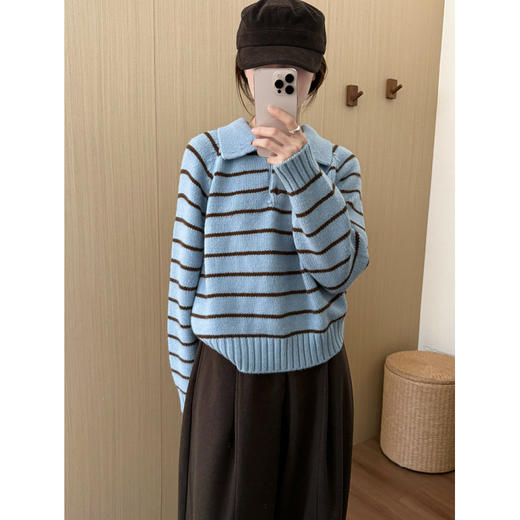 YS韩系撞色条纹polo领女毛衣2025秋冬宽松显瘦时尚针织衫外套上衣 商品图1