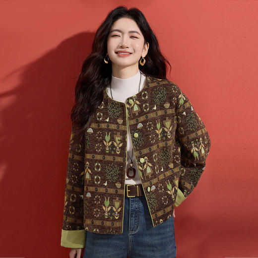【12/10新品6折】熙世界「敦煌乐舞」复古艺术风提花短外套女秋冬厚款圆领开衫上衣 商品图3