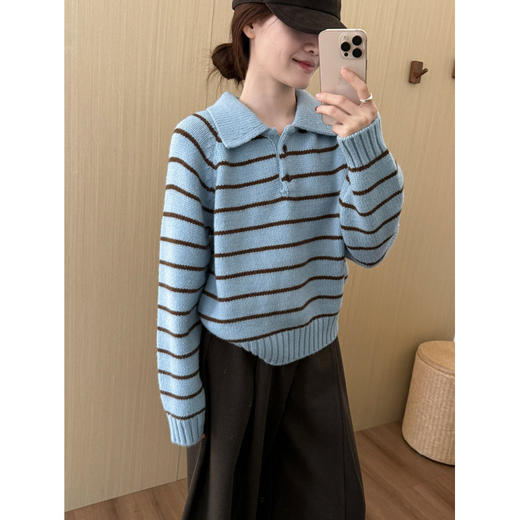 YS韩系撞色条纹polo领女毛衣2025秋冬宽松显瘦时尚针织衫外套上衣 商品图7