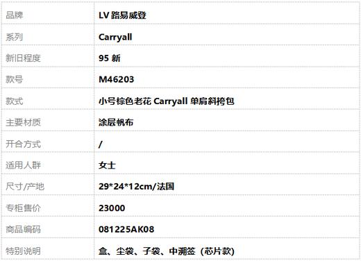 【95新】LV路易威登CarryallM46203  小号棕色老花Carryall单肩斜挎包 女士 081225AK08 商品图10