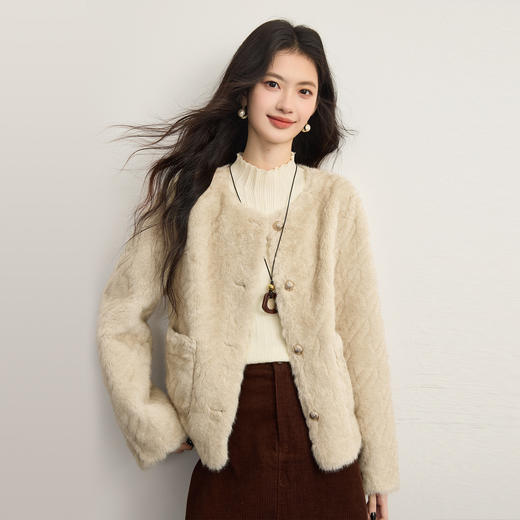 【12/10新品6折】熙世界小香风仿水貂毛毛外套女短款冬季仿皮草圆领开衫毛绒绒上衣 商品图3