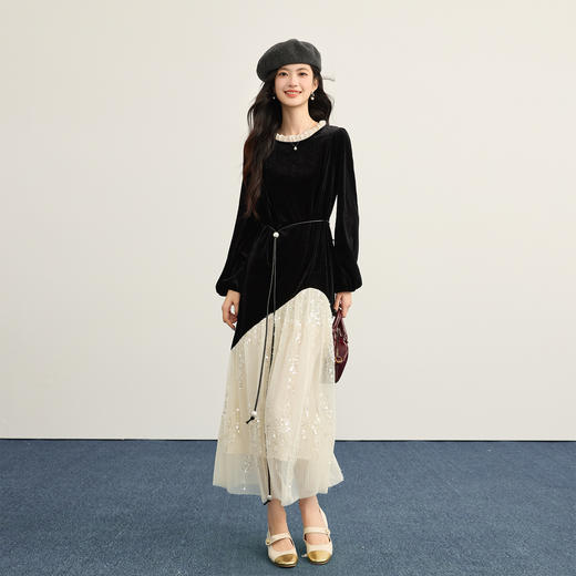 【12/10新品6折】熙世界富家千金赫本风亮片网纱拼接假两件丝绒连衣裙女25秋冬新款 商品图4