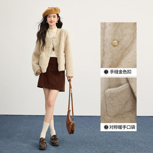 【12/10新品6折】熙世界小香风仿水貂毛毛外套女短款冬季仿皮草圆领开衫毛绒绒上衣 商品图2