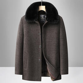 冬季新款加绒加厚男装毛呢外套中年男士休闲保暖可脱卸毛领内胆大衣