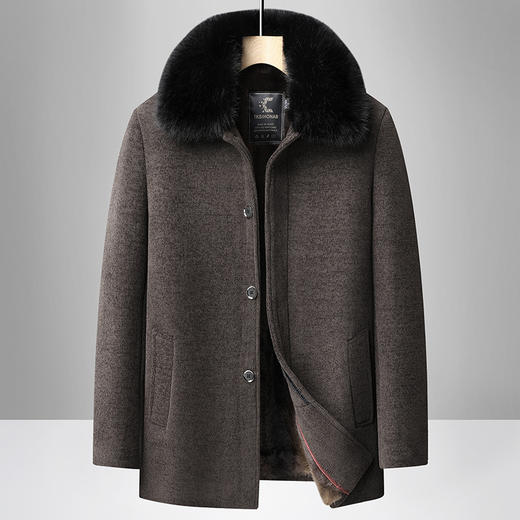 冬季新款加绒加厚男装毛呢外套中年男士休闲保暖可脱卸毛领内胆大衣 商品图0